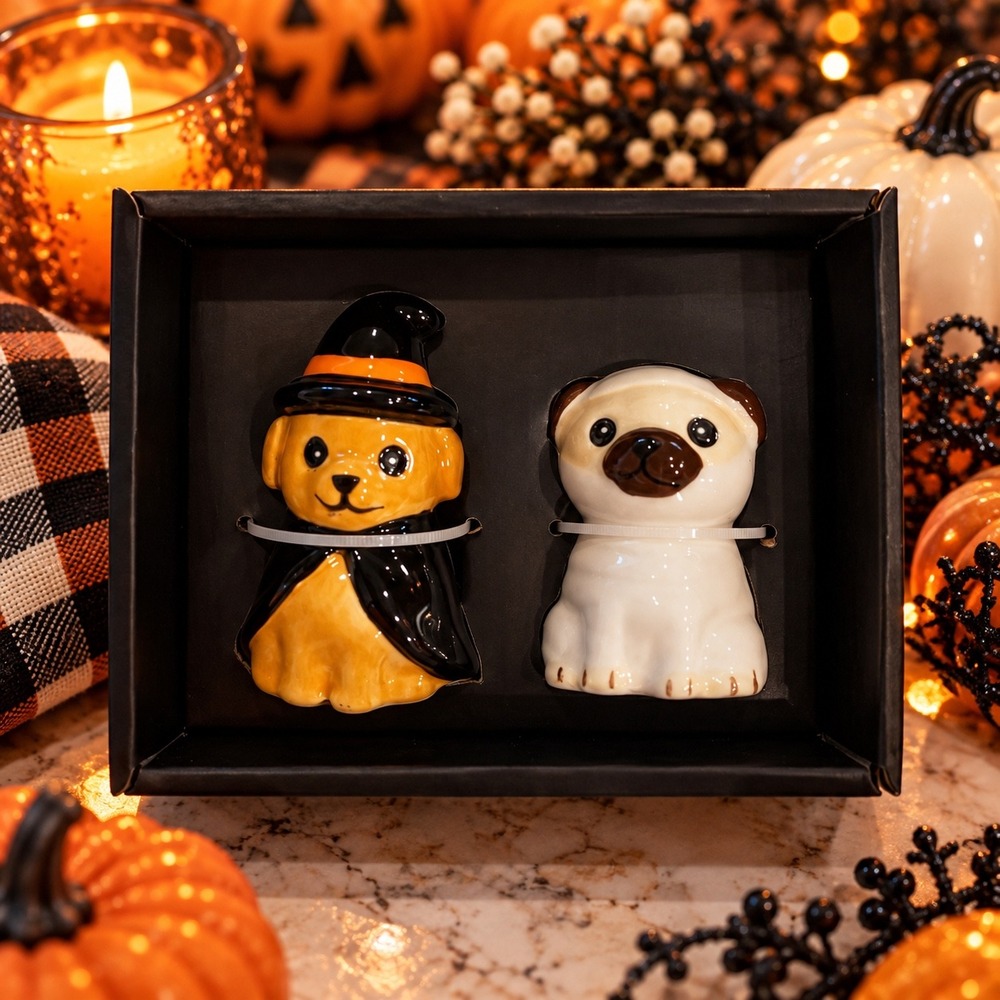 Halloween Dog Salt and Pepper Shakers Set Golden Retriever Witch and Pug New